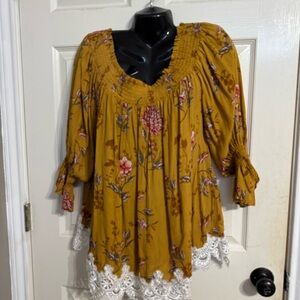 Floral Mustard Top with Lace Trim